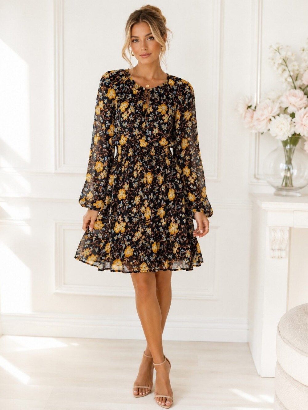 Old Navy Fall Floral Smocked Waist Chiffon Dress Black Yellow Size M